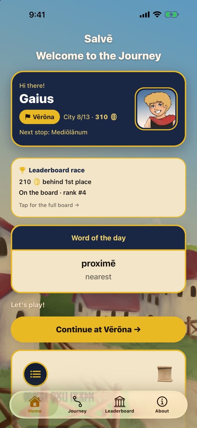 Home screen: your current city, coins, the leaderboard race, and the word of the day