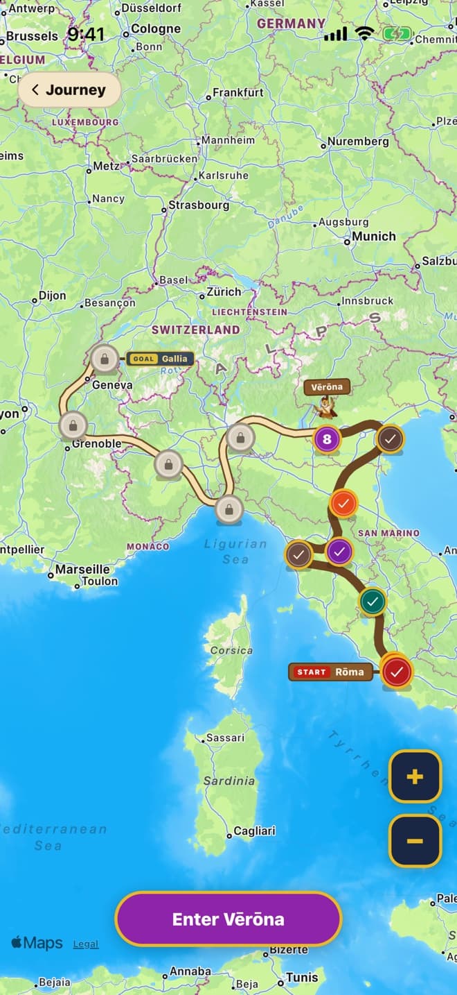 The campaign map of Italy: the road from Rōma north to Gallia, with seven stops cleared and Vērōna next