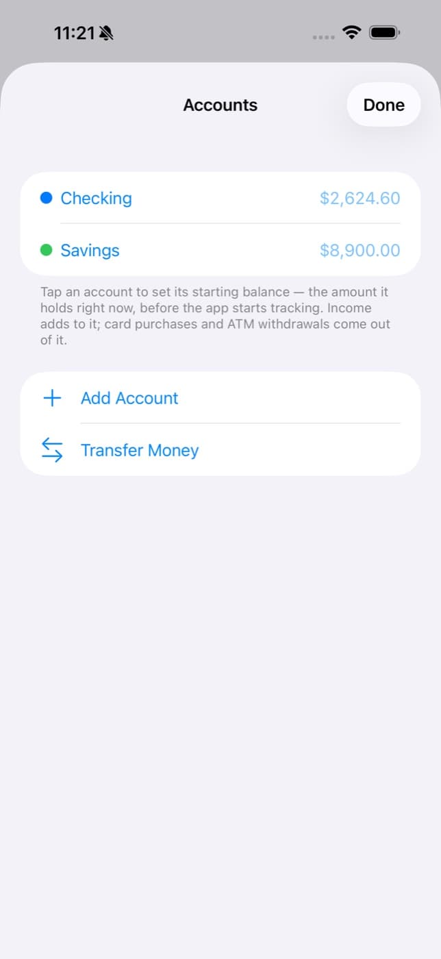 Accounts: checking, savings and wallet cash balances