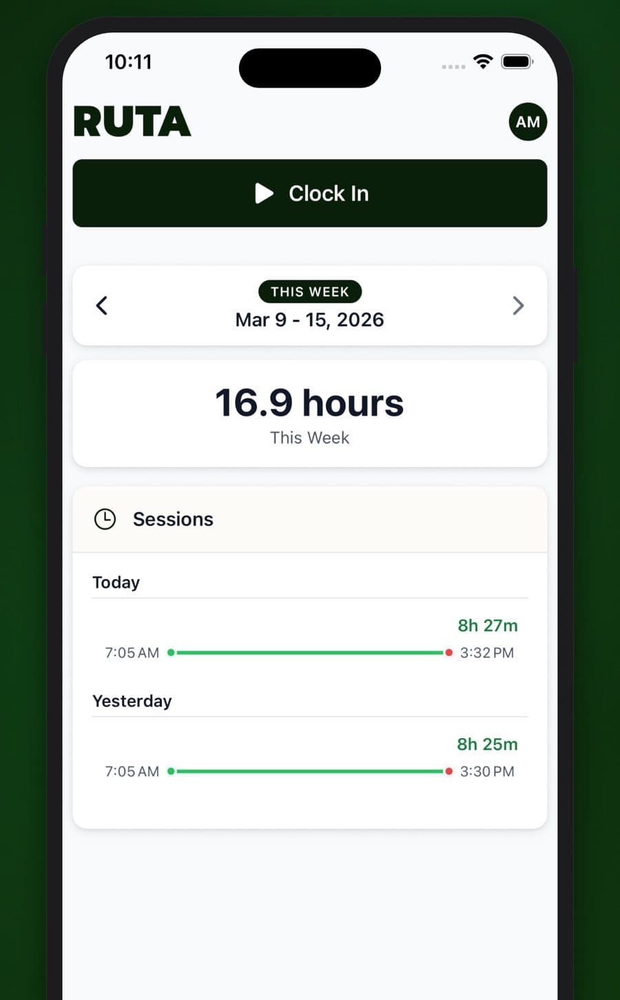 The Ruta Crew time clock showing hours logged this week