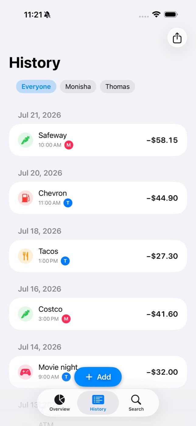 History screen listing recent transactions