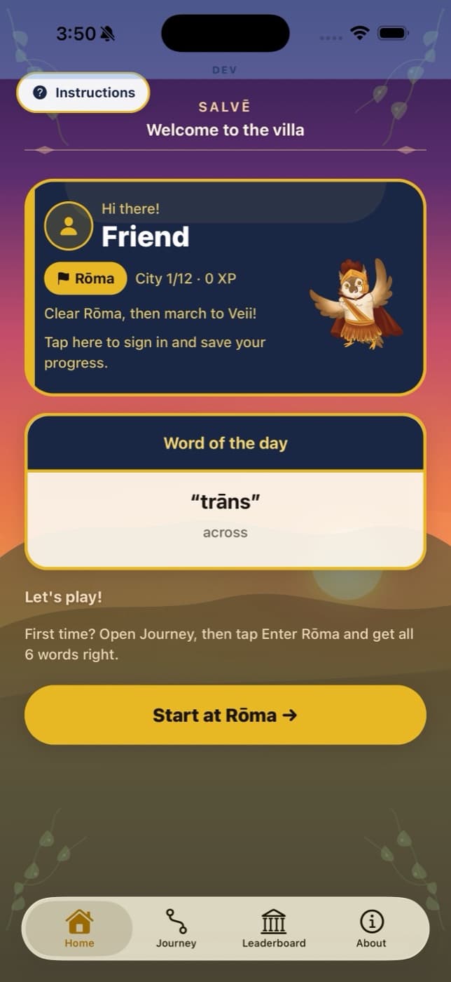 The home screen of the Latin practice game