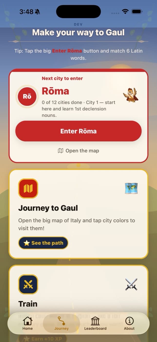 The journey hub: next city to enter, the map, and training