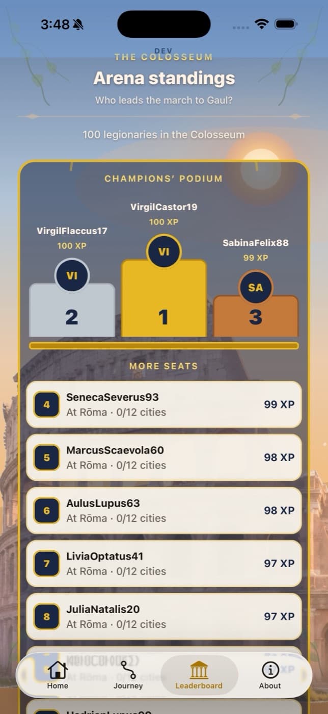 Arena standings with a champions' podium and ranked legionaries