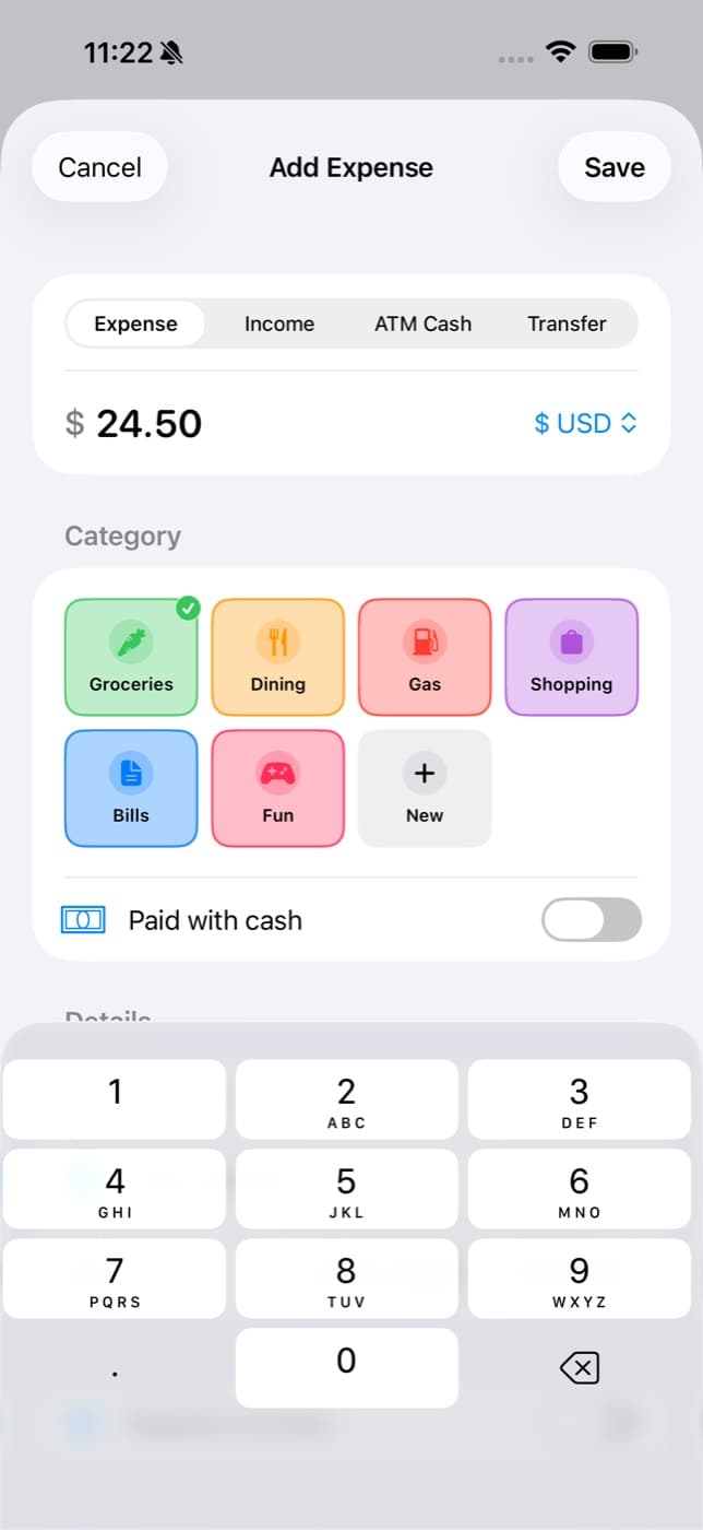 Logging an expense: amount keypad and colored category buttons