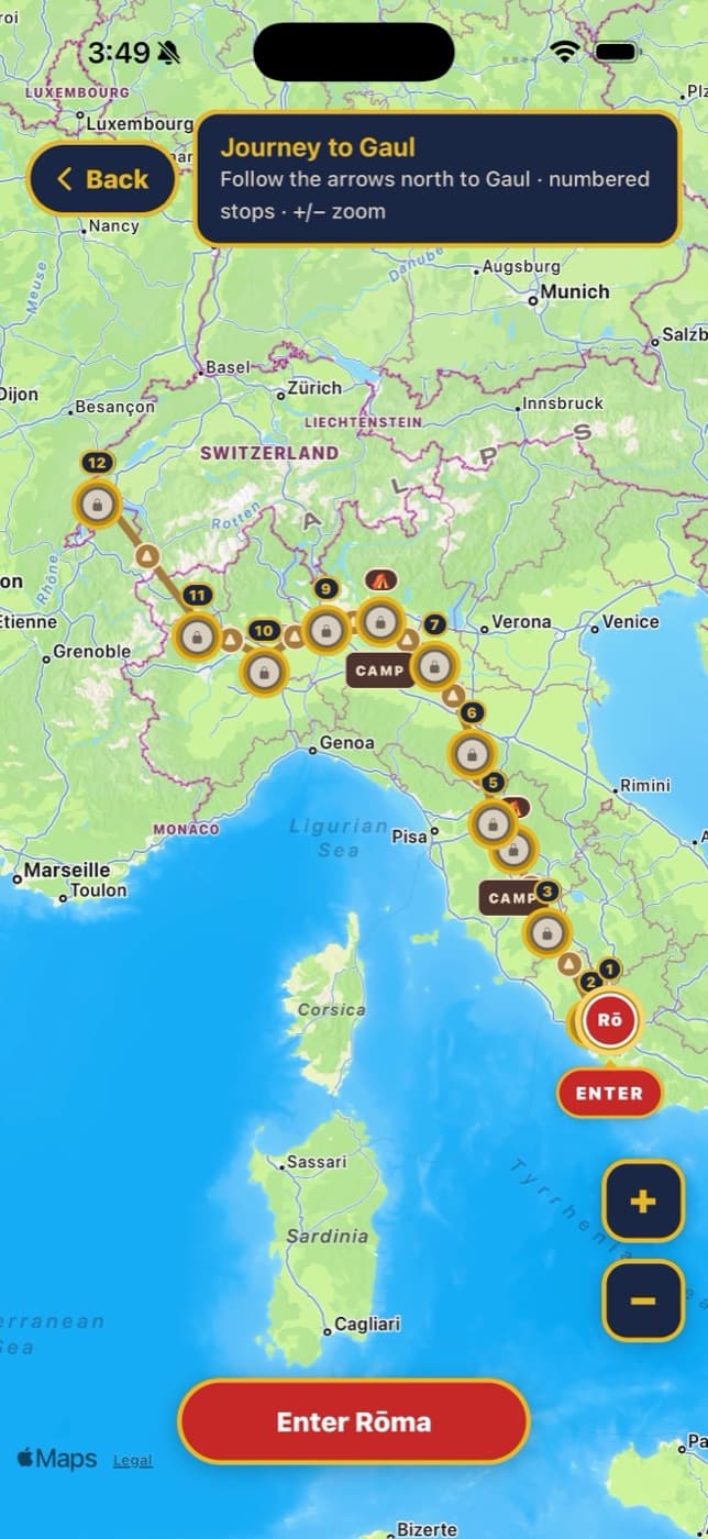 The campaign map of Italy with twelve numbered stops from Rōma north to Gallia
